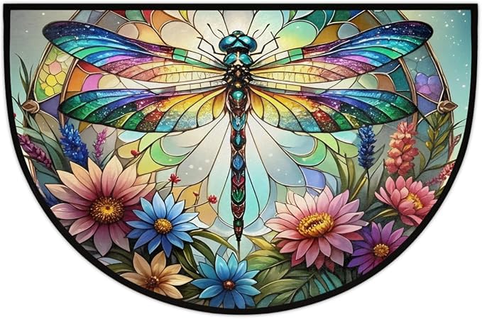 Half Round Door Mat Dragonfly Rainbow Animal Half Moon Rug Flower Glass Washable Half Circle Area Rugs Indoor Entrance Non Slip Semi Circle Bathroom Rugs Floor Carpet for Kithen Bedroom Decor