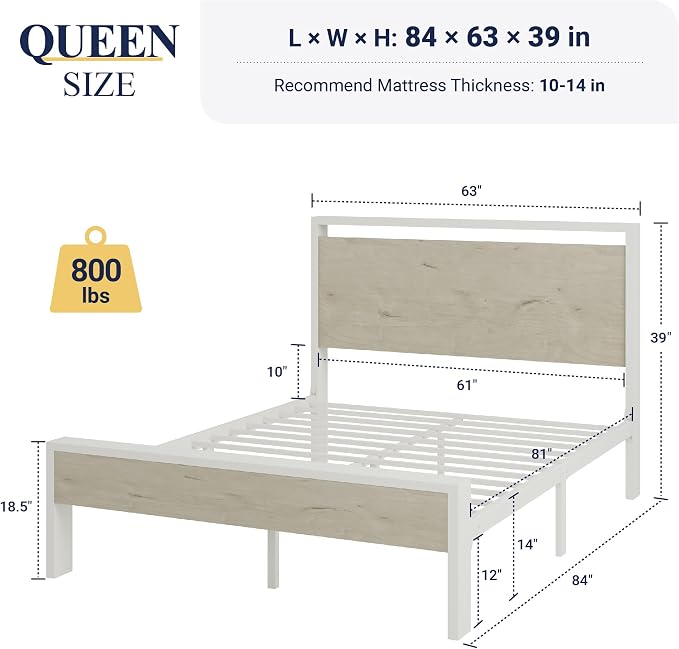Allewie Queen Size Bed Frame, Heavy Duty 12 Metal Slats Support, White | Wooden Headboard and Footboard, Modern Platform Bed, No Box Spring Needed, Under-Bed Storage, Noise Free, Easy Assembly