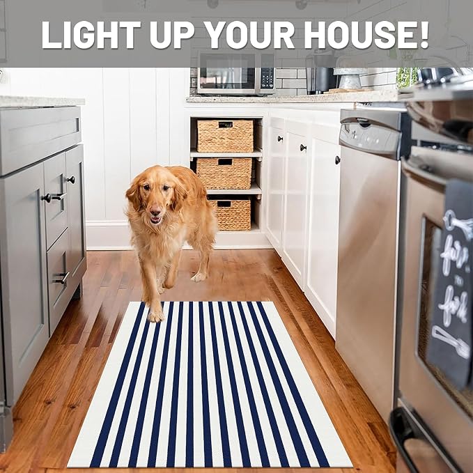 IOHOUZE Striped Area Rug 2.3'x3.6' Front Door Rugs Small Washable Area Rug for Front Porch, Spring Summer Welcome Door Mats Outdoor Indoor, Doormat for Entryway Porch Entrance, Navy/White