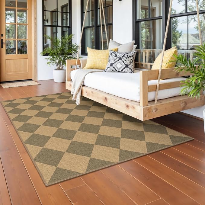 Lessymo Checkered Entryway Rug 3x5, Easy Jute Washable Rugs for Living Room | Outdoor Patio Area Rug, Non Slip Indoor Door Mat Farmhouse Neutral Carpet for Guestroom Foyer Backyard, Diamond Brown/Beige
