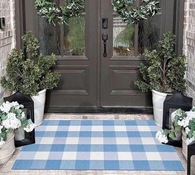 Buffalo Plaid Outdoor Rug 27.5''X 43.3' Light Blue White Checked Porch Rug Cotton Woven Washable Rug Layering Doormat for Welcome Door Mat Entryway Dining Room Bedroom Living Room