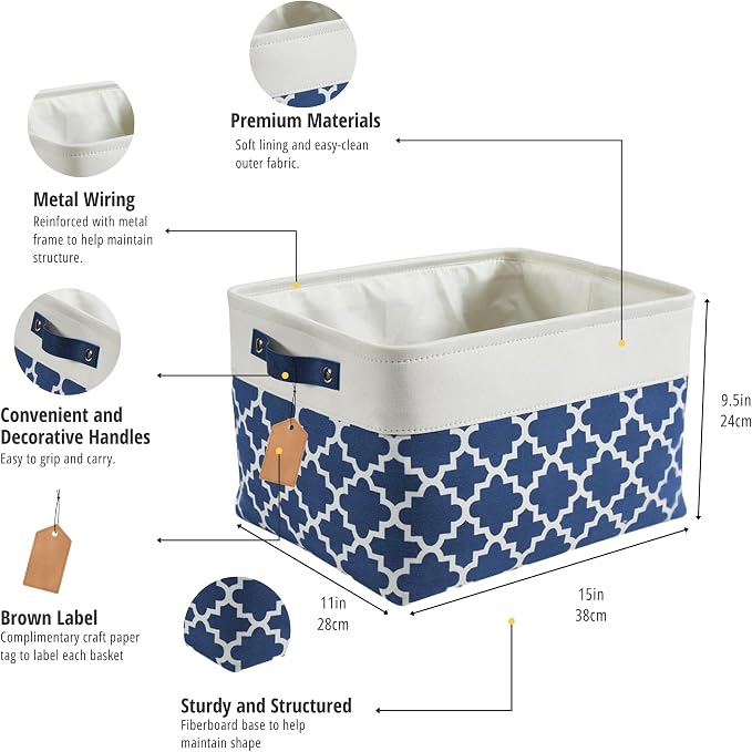 DECOMOMO Storage Bins, Fabric Storage Baskets for Shelves | 3 Pack Linen Closet Organizers for Toys and Nursery (Large, Blue Patterns)