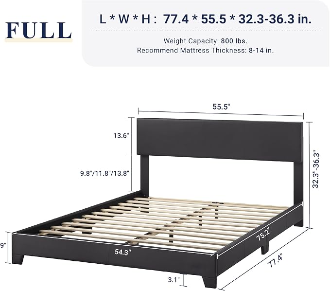 Allewie Full Size Faux Leather Bed Frame, Adjustable Headboard, Black | Platform Bed with Heavy Duty Mattress Foundation, Noise-Free, Easy Assembly, Wood Slat Support, No Box Spring Needed