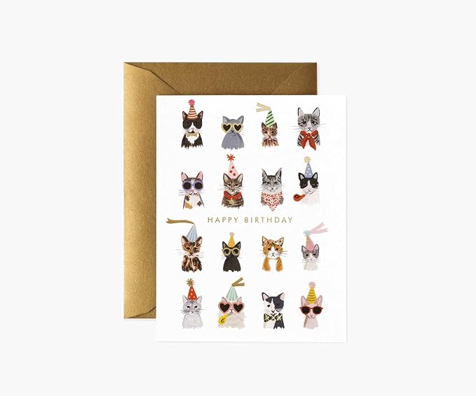 RIFLE PAPER CO. Cool Cats Birthday Cards, Boxed Set of 8 Folded Cards with Metallic Gold Envelopes, Full-Color Illustration, Blank Interior, 4.25" L x 5.5" W
