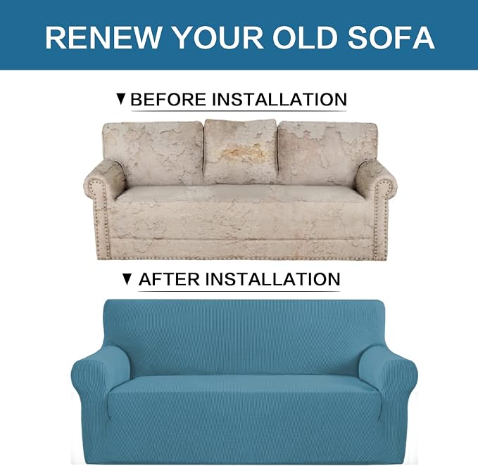 H.VERSAILTEX Stretch Sofa Covers Washable 3 Seat Couch Covers Sofa Slipcovers for Living Room Feature Thick Checked Jacquard Fabric with Elastic Bottom, Sofa Large - Storm Blue