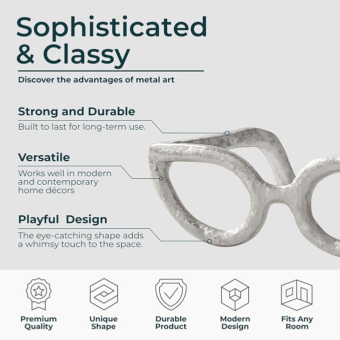 Cateye Glasses Decorative Object – Aluminum Sculpture Modern Home Decor Ornament – Shelf Styling & Coffee Table Decor for Bathroom, Office & Living Room – 7"x3", Silver