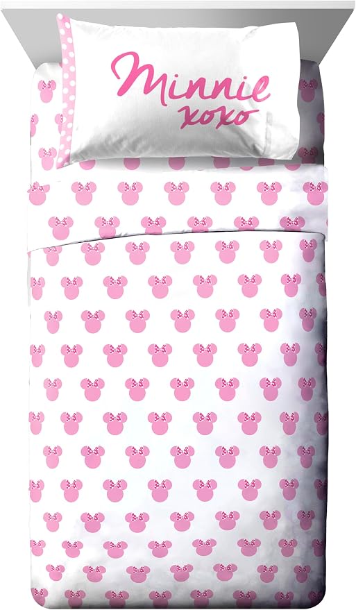 Disney Minnie Mouse Twin Comforter Set 5 Piece Kids Cartoon Bedding, White | Bed in a Bag, Comforter Sheets Sham Pillowcase, Official Brand, Soft Microfiber, Machine Washable, Easy Care, Girls Gift