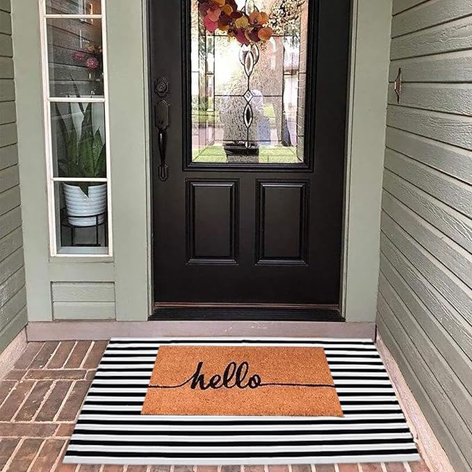 Black and White Outdoor Rug 27.5'' x 43'' Striped Front Porch Rug Hand-Woven Cotton Rug Machine Washable Floor Mat Indoor/Outdoor Area Rug for Layered Door Mats/Farmhouse/Living Room (27.5'' x 43'')