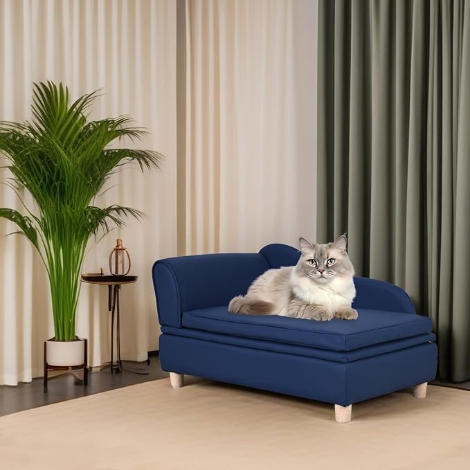 PU Leather Dog Sofa and Chair with Storage - Wooden Frame Cat Sofa Couch with Cushion,Small Pet Bed Sofa for Puppy and Cats (Blue)