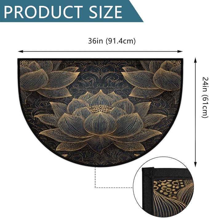 Golden Lotus Half Round Door Mat Non-Slip Semi Circle Rug Half Moon Doormat | Golden Lotus Flowers Soft Washable Welcome Entrance Mat for Outdoor Indoor Floor Bedroom Bathroom Home Kitchen Festival Decor