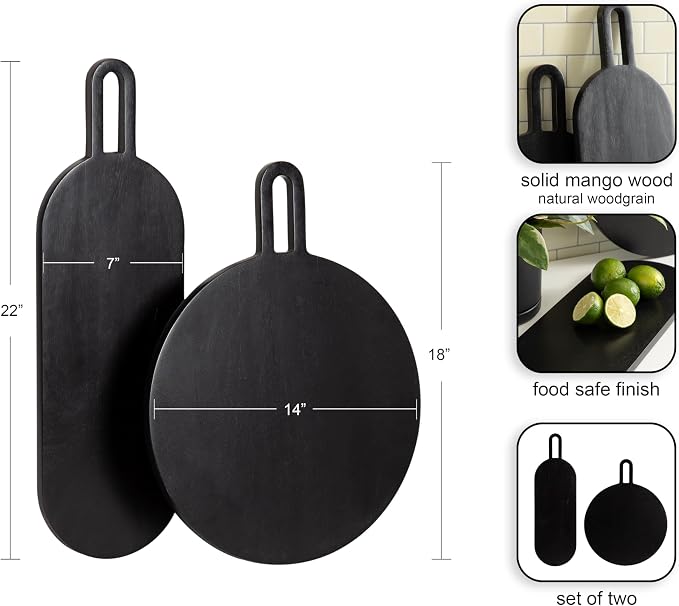Kate and Laurel Staven Transitional Two-Piece Serving Boards Set; 7 x 22 and 14 x 18; Black; Modern Food-Safe Charcuterie Boards with Solid Mango Construction for Use as Kitchen Countertop Decor