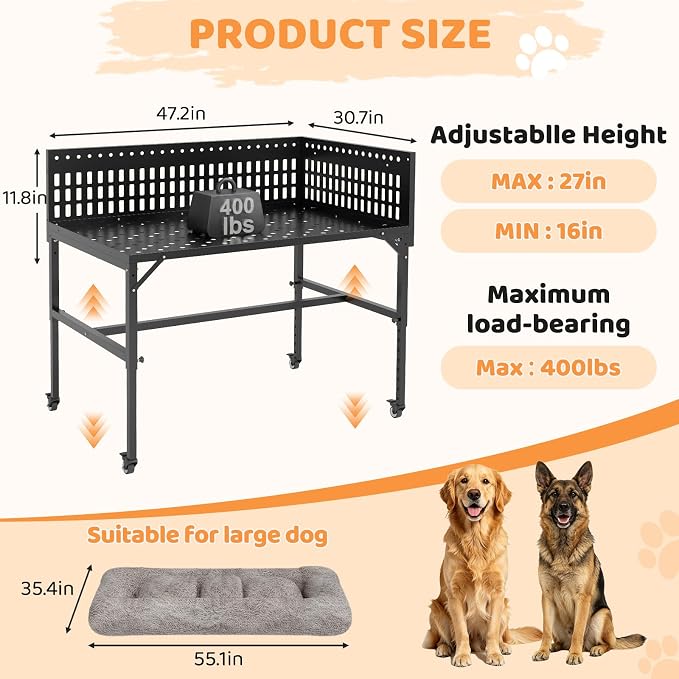 Beside Dog Bed,2 Panels Adjustable Height Dog Bunk Beds,47.2”x30.7” Metal Frame & Cushion, Converts to Bunk Bed or Bed Extension Attachment for Human Bed, for Large Breeds