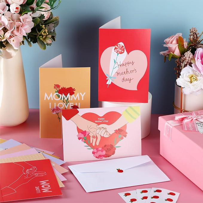 Fuutreo 180 Pack Mother's Day Cards Bulk Assortment with 180 Envelopes and 180 Cute Stickers Floral Mother's Day Greeting Cards Blank Inside for Birthday Supplies, 4 x 6 Inch, 12designs
