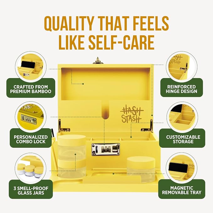 HASHSTASH The OG Storage Box - Large Bamboo Box with Combination Lock, Magnetic Lid, Organizer Tray, Airtight Tube and 3 Jars - Discreet Decorative Locking Wooden Box with Accessories (Yellow/Gold)