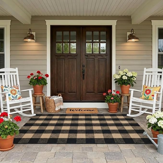 Buffalo Plaid Rug 3' x 5' Brown and Black Front Door Mat Reversible Layered Porch Rug Washable Hand Woven Cotton Area Rug for Indoor Outdoor Entryway Patio Porch Decor