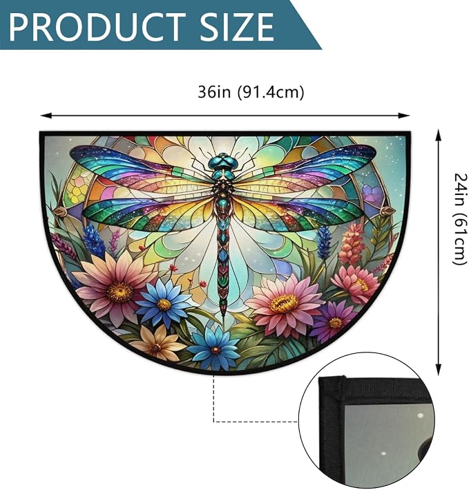 Half Round Door Mat Dragonfly Rainbow Animal Half Moon Rug Flower Glass Washable Half Circle Area Rugs Indoor Entrance Non Slip Semi Circle Bathroom Rugs Floor Carpet for Kithen Bedroom Decor