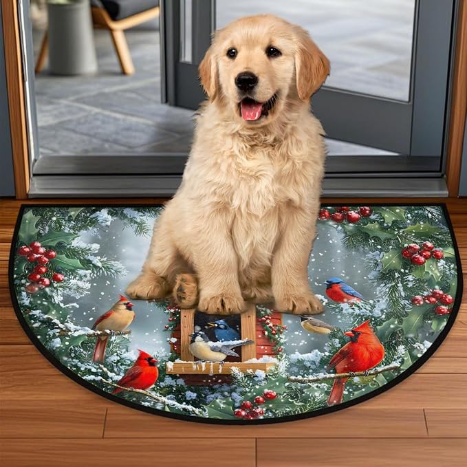 Christmas Xmas Half Round Door Mat Christmas Xmas Cardinal Winter Half Moon Rug Washable Half Circle Area Rugs Indoor Entrance Non Slip Semi Circle Rugs Floor Carpet Kithen Bedroom Decorate Gift