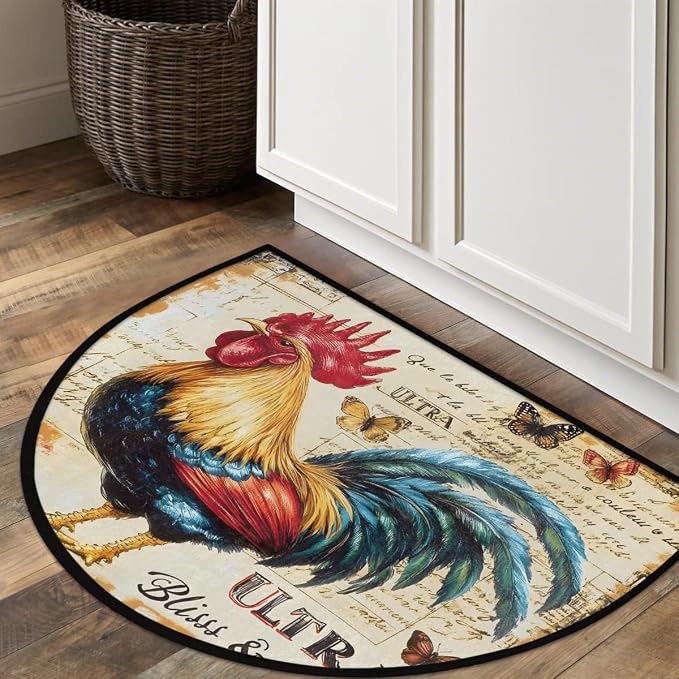 Rooster Animals Half Round Door Mat Non Slip Half Circle Rugs | Retro Art Washable Half Moon Rug Semi Circle Rugs Indoor Entrance Floor Carpet for Kithen Bedroom Fireplace Decor