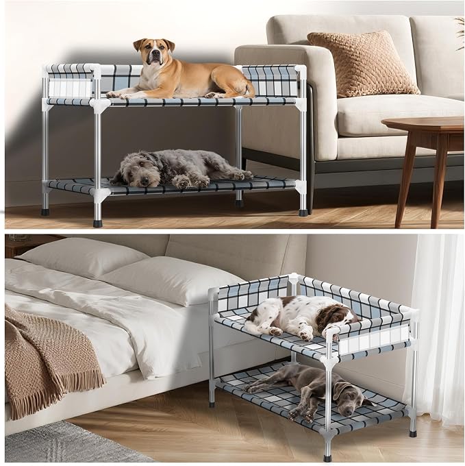 Bedside Window Dog Bunk Bed - Double Elevated Human Dog Bed with Guardrail 2 Layers Window Perch Dogs Cot 2-Tier Bedside Sleeper for Multi-Pet Households (34" x 20" x 24", Double Layer)