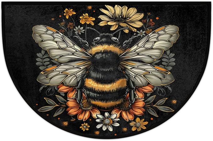 Black Bee Half Round Door Mat Non-Slip Semi Circle Rug Half Moon Doormat | Black Bee Animal Soft Washable Welcome Entrance Mat for Outdoor Indoor Floor Bedroom Bathroom Home Kitchen Festival Decor