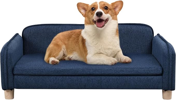 Big Sized Dog Bed -Wooden Frame Pet Sofa Couch, Washable Cushion Cat Couch, Linen Fabric Dog Sofa and Chair for Medium Pet Rest. (Blue)