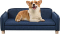 Big Sized Dog Bed -Wooden Frame Pet Sofa Couch, Washable Cushion Cat Couch, Linen Fabric Dog Sofa and Chair for Medium Pet Rest. (Blue)