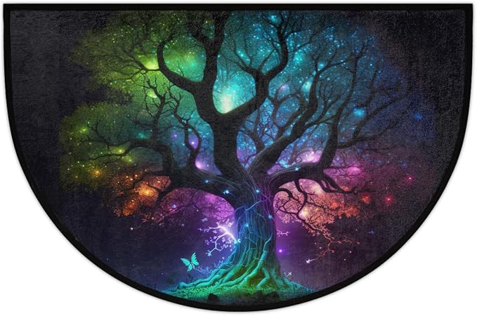 Tree of Life Half Round Door Mat Non Slip Half Circle Rugs | Galaxy Washable Half Moon Rug Semi Circle Rugs Indoor Entrance Floor Carpet for Kithen Bedroom Fireplace Decor