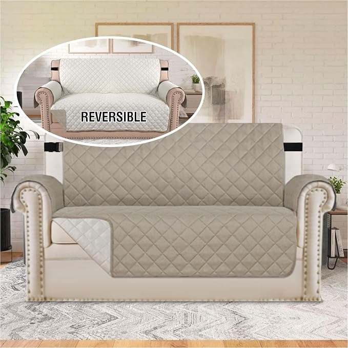 H.VERSAILTEX Reversible Couch Cover for 2 Cushion Couch Water Resistant Loveseat Couch Cover Washable Furniture Cover with Non-Slip Elastic Strap for Dogs, Pets, Kids(Oversized Loveseat, Khaki/Beige)
