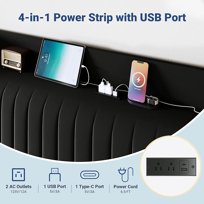Allewie Full Size Platform Bed Frame with USB Charging Station and Storage Shelf/Upholstered Velvet Wingback Headboard/Wooden Slats Support/No Box Spring Needed/Easy Assembly, Black