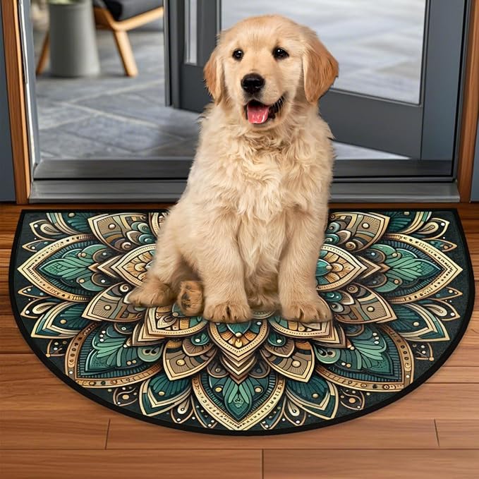 Mandala Ethnic Flower Half Round Door Mat Half Moon Rug Washable Half Circle Area Rugs Indoor Entrance Non Slip Semi Circle Bathroom Rugs Floor Carpet for Kithen Bedroom Fireplace Decor