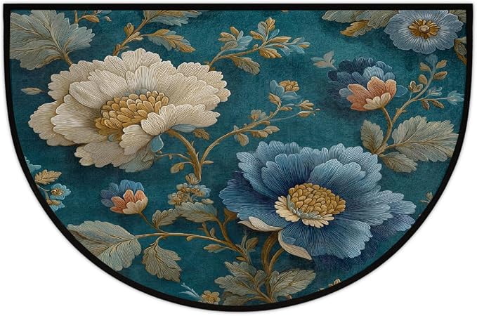 Flower Half Round Door Mat Semi Circle Rug Half Moon Doormat | Soft Washable Teal Blue Welcome Entrance Mat for Outdoor Indoor Floor Bedroom Bathroom Home Kitchen Festival Decor