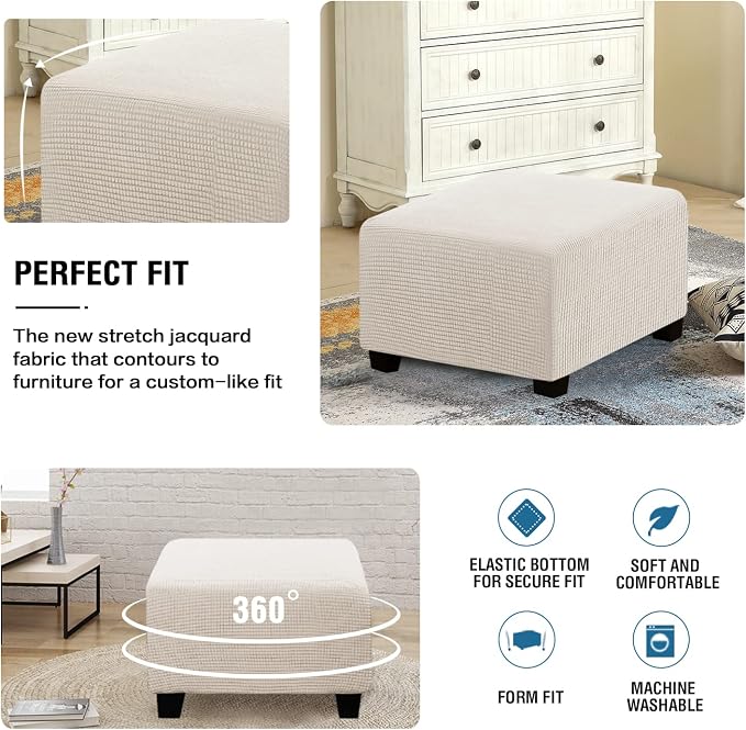 H.VERSAILTEX Square Ottoman Covers Ottoman Slipcovers Folding Storage Stool Furniture Protector Form Fit with Elastic Bottom, Stretch High Spandex Small Checks Jacquard Fabric(Large,Ivory)