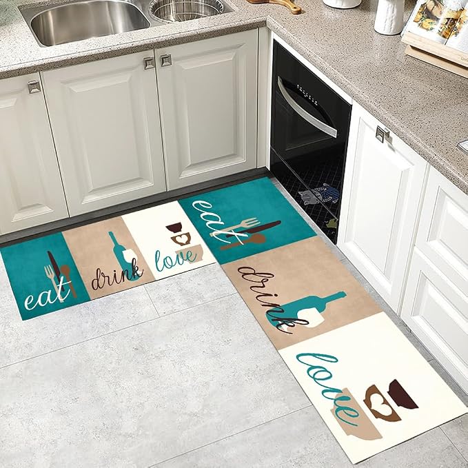 GUBIYU Set of 2 Kitchen Rugs Non Slip Teal Green Beige Washable Area Rugs With Eat Drink Love Motto Design Rustic Decor and Accessories for Kitchen Floor and Bathroom