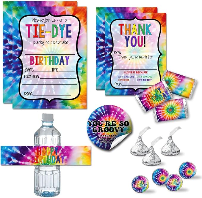 Amanda Creation Deluxe Colorful Tie-Dye Birthday Party Bundle Includes 20 Invitations & Thank You Cards with Envelopes + 3 Different Sizes of Stickers & Water Bottle Labels!