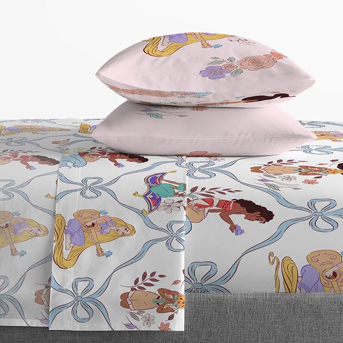 Jay Franco Kids Sheet Set with Fitted, Flat Sheets & Pillow Cover - Ultra-Soft Bedding with Pillowcase for Room Decor, White – Disney Princess, 4 Piece Queen