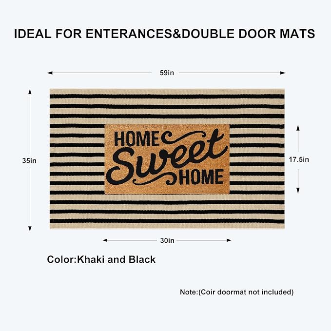 KIMODE Black and Khaki Striped Outdoor Rug 3'x 5', Washable Reversible Fall Outdoor Patio Rugs, Cotton Hand-Woven Farmhouse Welcome Layered Door Mats for Front Door, Entryway, Porch Decor