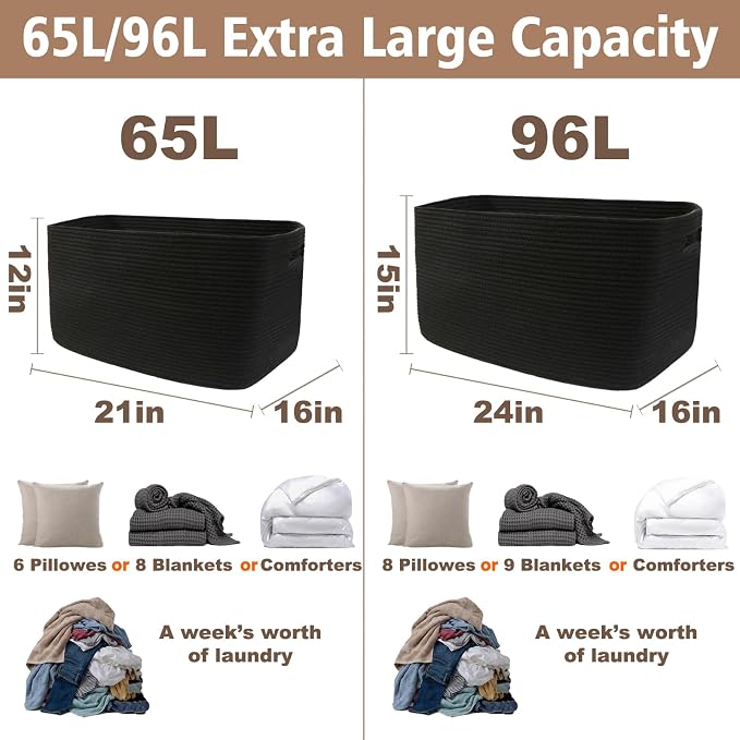 JMvicyroam 65L Large Woven Cotton Rope Blanket Basket, Black | Blanket storage for living room or bedroom use, Freestanding with reinforced handles, Entire basket is machine washable