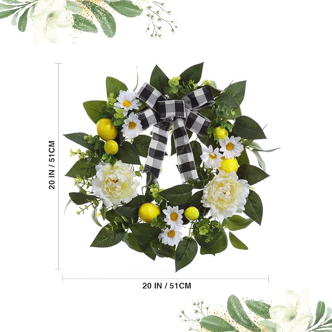 Garvee 20" Lemon Wreath for Front Door, Spring Summer Fruit Wreath | with Artificial Yellow Lemon Peony Flower and Buffalo Check Bow, Lemon Decor for Farmhouse Kitchen Porch Wall Home Decor
