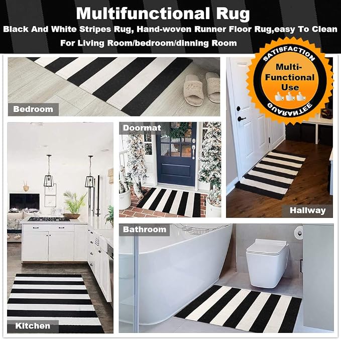 KaHouen Black and White Striped Rug (23.6 x 35.4 Inches), Indoor Outdoor Striped Doormats, Handmade Woven Farmhouse Layered Door Mats Striped Mat for Front Door/Kitchen/Laundry/Bathroom/Living Room