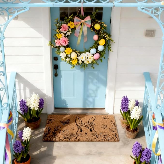 Ceenna Easter Bunny Coir Doormat Outdoor Easter Welcome Door Mat Spring Floral Bunny Floor Door Mat Rabbit Rugs for Front Porch Decor Gifts