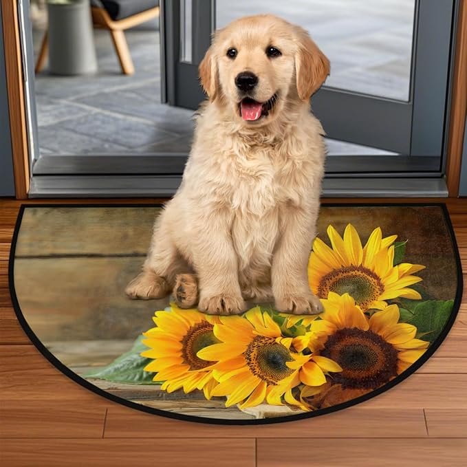 cfpolar Half Round Door Mat Wood Sunflower Flower Floral Non-Slip Semi Circle Area Rug Washable Half Moon Hearth Rugs for Indoor Outdoor Bathroom Kitchen Patio Runner Mat Laundry Room Home Decoration