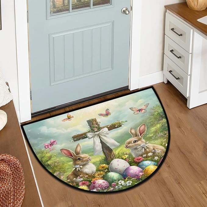 Easter Rabbit Half Round Rug Half Moon Door Mat Half Circle Rugs | Eggs Holiday Washable Non-Slip Semi Circle Rug Welcome Half Round Door Mat Indoor Entrance Kitchen Bedroom Living Room Decor
