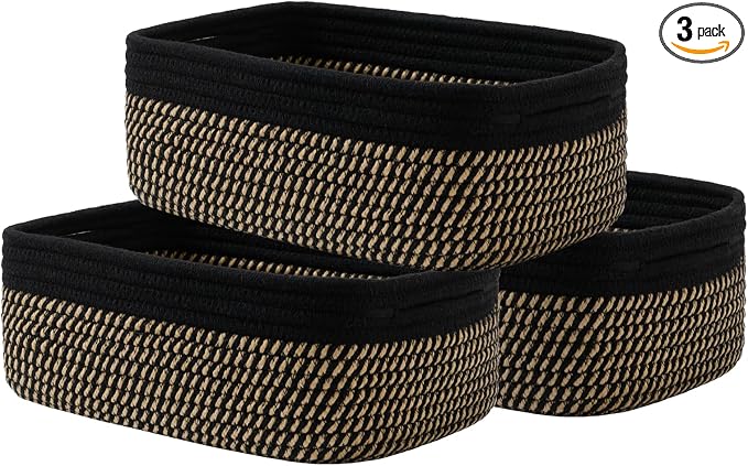 KALLAX Small Woven Storage Basket for Organizing, 12 x 8 x 4.5 inch, 3 Pack | Shelf baskets for closet organization, toy storage and home decor, Perfect as empty gift baskets for holidays, Black & Brown