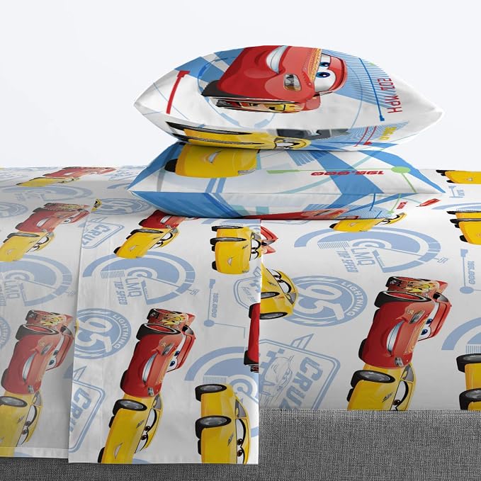 Jay Franco Kids Sheet Cartoon Set with Fitted, Flat Sheets & Pillow Cover - Ultra-Soft Bedding with Pillowcase for Room Decor, Red - Cars, 4 Piece Full