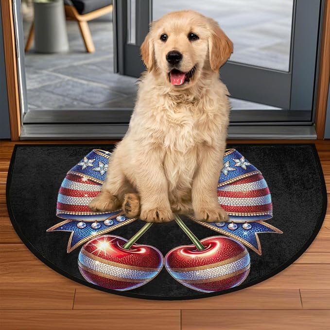 Cherry Flag Half Round Door Mat Non-Slip Semi Circle Rug Washable Half Moon Floor Rug Absorbent Bathroom Area Rugs for Outdoor Indoor Fireplace Mat Entryway Kitchen Decor Rugs