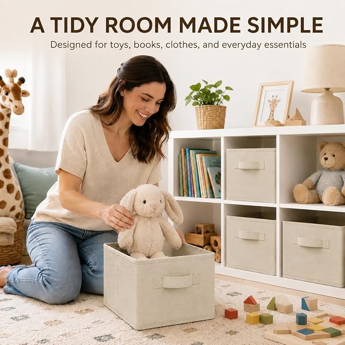 Yinder Cube Storage Bin Storage Bins for Room Decor Colorful Bins Foldable Baskets for Nursery Organizer Boxes Fabric Boxes(14''x10''x8'',Beige,4 Pcs)