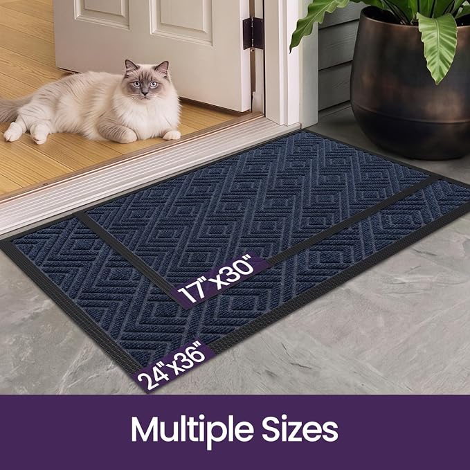 DEXI Front Door Mat Outside Entrance, 2x3 Heavy Duty Entry Doormat Dirt Trapper with Rubber Back, Non Slip Low Profile Floor Mats for Entryway Exterior Patio, Checkered Navy