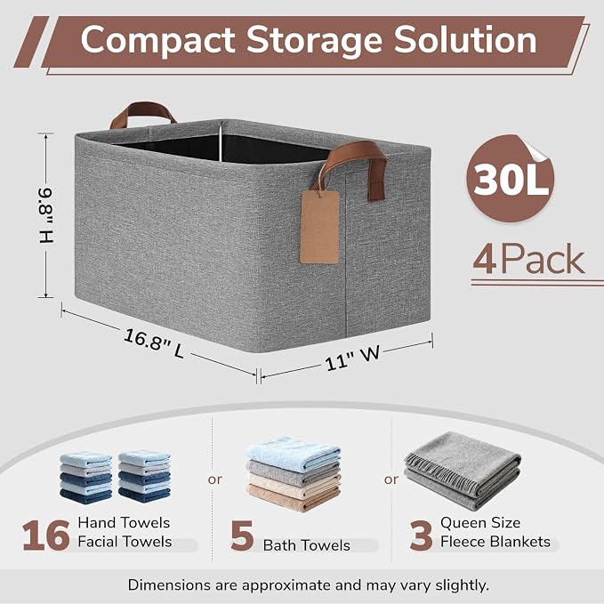 CHICVITA 4 Pack Large Foldable Storage Baskets for Shelves, Gray | 16.8 × 11 × 9.8 in, Metal Frame, Leather Handles, Clothes, Toys & Towels Storage, Nursery & Living Room Organization