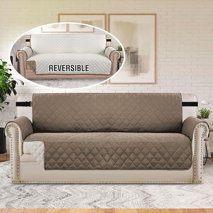 H.VERSAILTEX Reversible Quilted Sofa Cover Water Resistant Sofa Slipcover Washable Couch Cover with Non Slip Elastic Strap Furniture Protector for Kids, Dogs, Pets(Sofa, Taupe Brown/Beige)