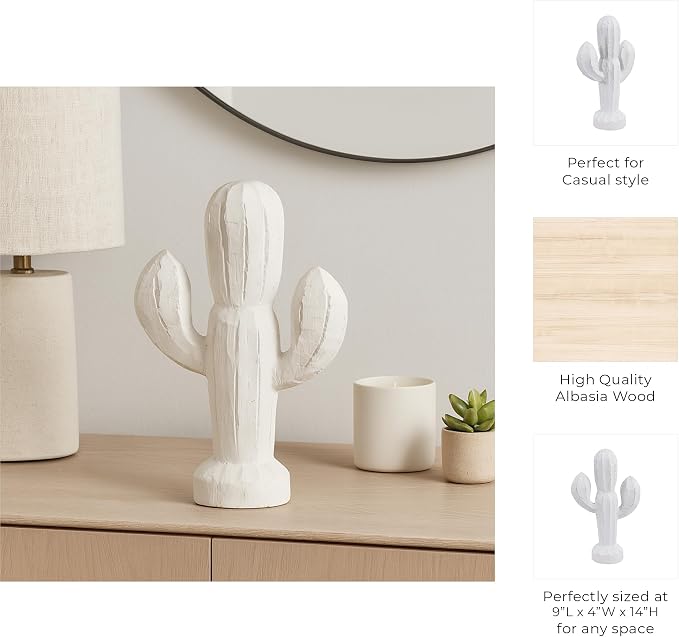 Wooden Cactus Statue – Room Decor Accent for Shelves and Tables, Indoor Home Decor for Living Room or Entryway, Modern Statue Silhouette for Sculptural Interest – 14", White